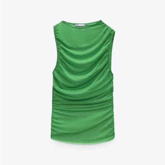 Zara NWT mesh Green tulle sleeveless ruched sheer top - Picture 2 of 7